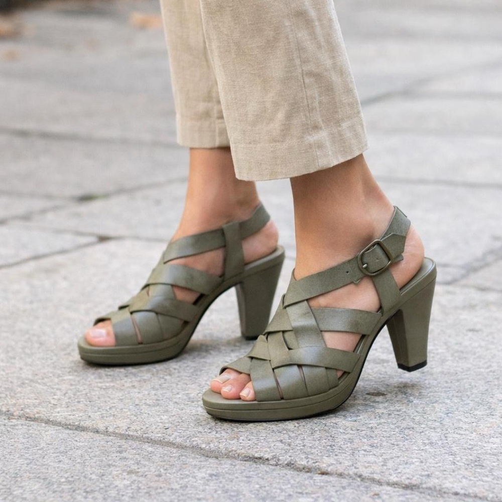 Elegant Olive Green Woven Leather Women's Heels 6.5
